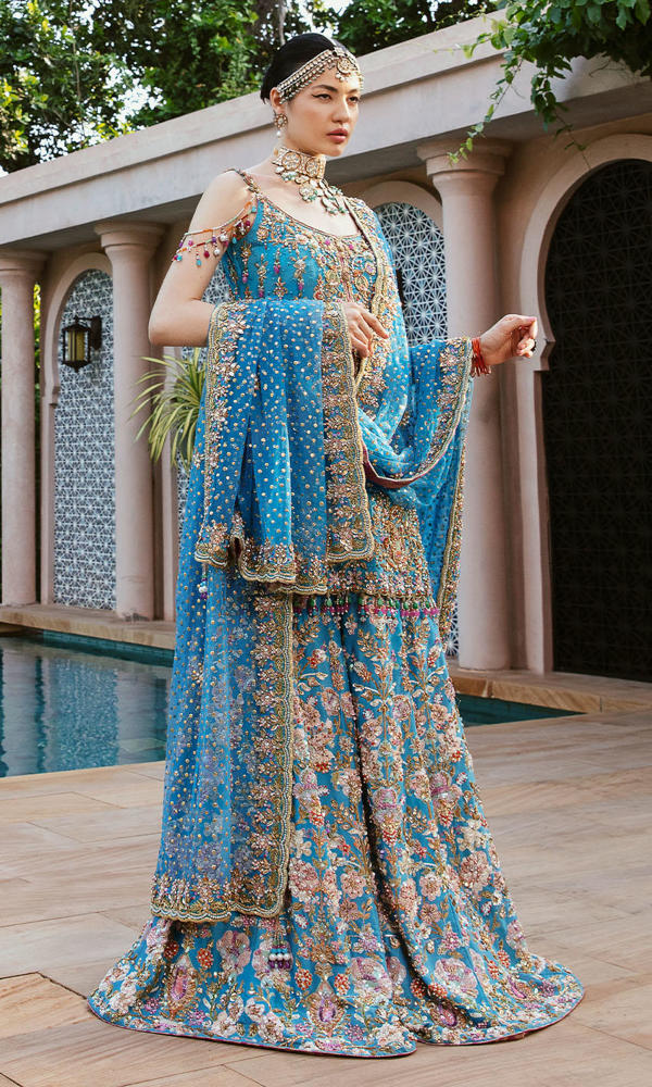 Vibrant Blue Embroidered Chiffon Sharara (3-Piece) - Image 5