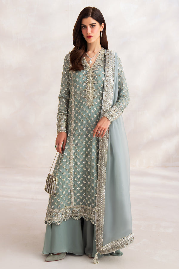 Pakistani Pale Blue Hand-Embellished Chiffon Sharara (3-Piece) - Image 2