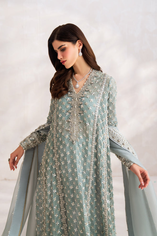 Pakistani Pale Blue Hand-Embellished Chiffon Sharara (3-Piece) - Image 3