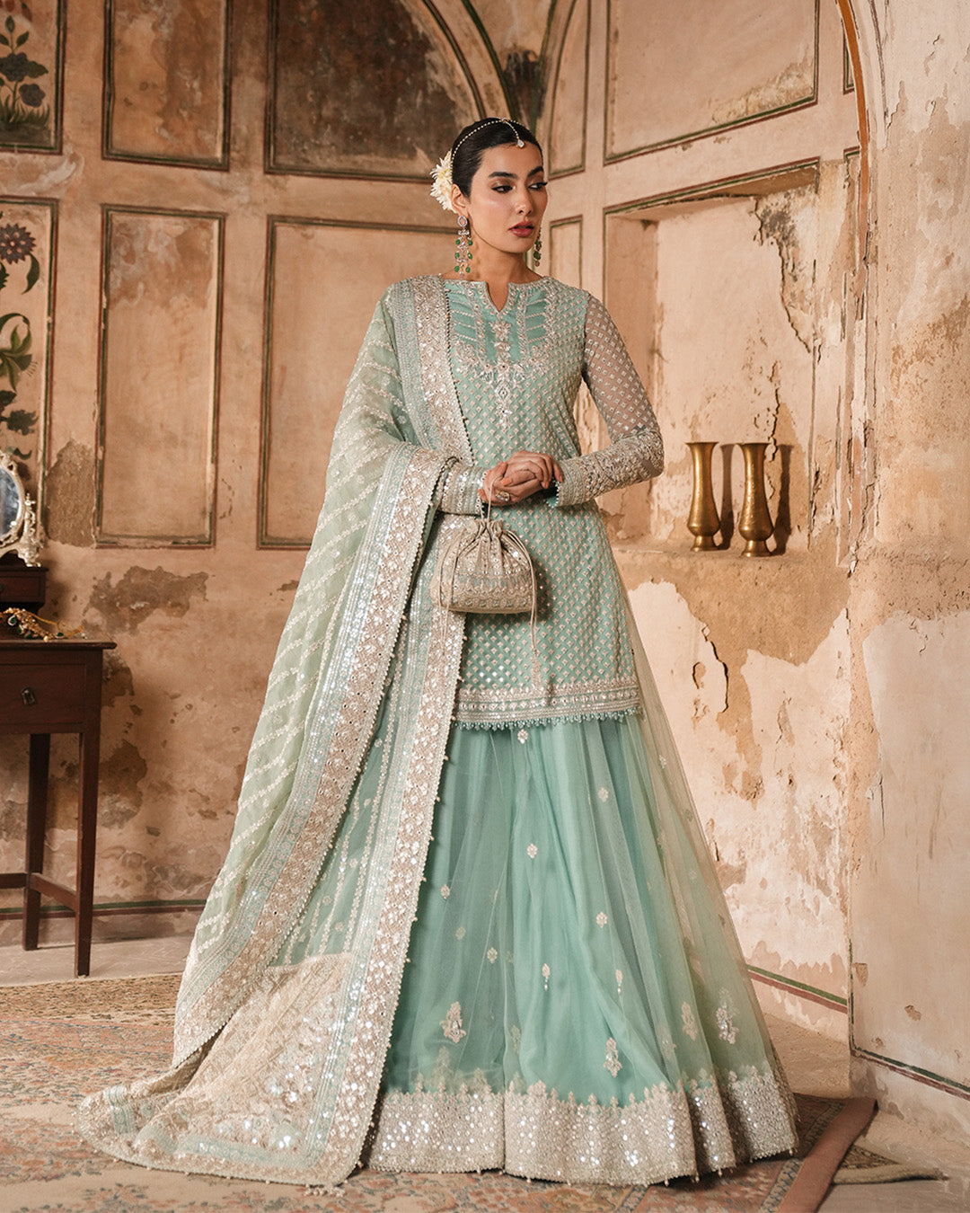 Pastel Blue Embroidered Net Sharara (3-Piece) - Image 1