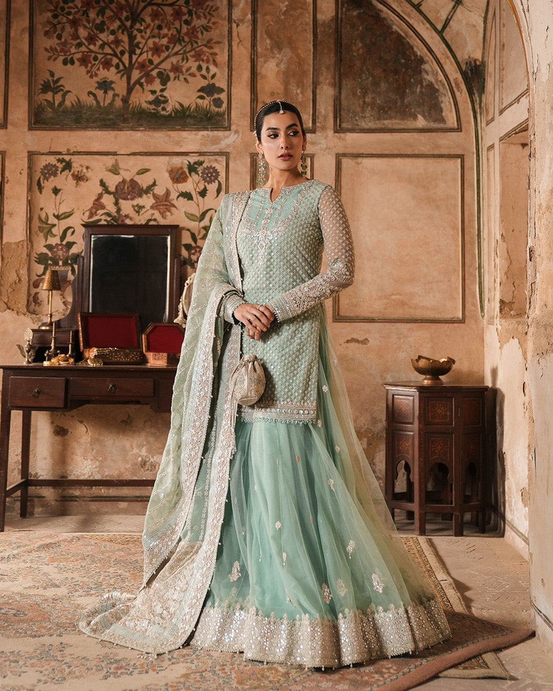 Pastel Blue Embroidered Net Sharara (3-Piece) - Image 2