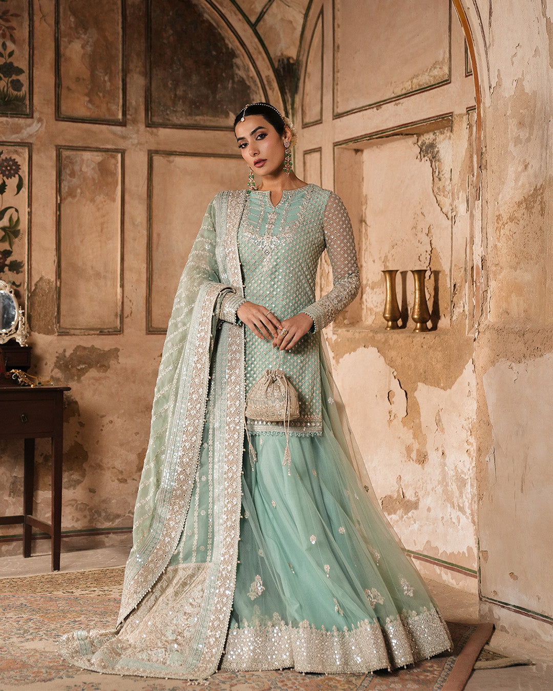 Pastel Blue Embroidered Net Sharara (3-Piece) - Image 5
