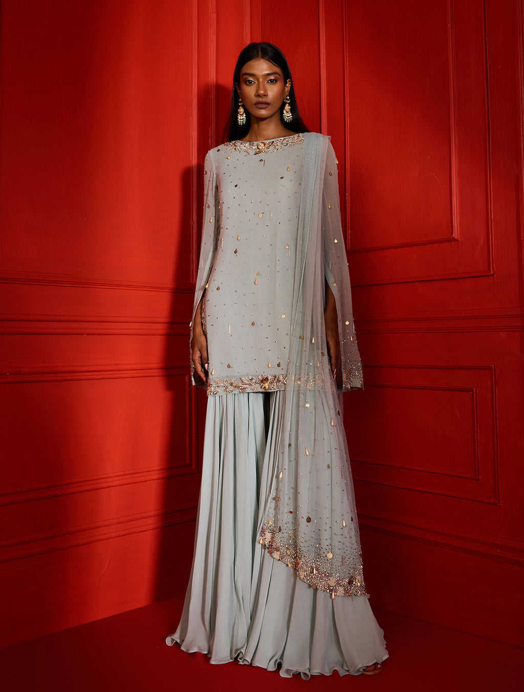 Indian Light Blue Hand-Embellished Georgette Sharara (3-Piece) - Image 1