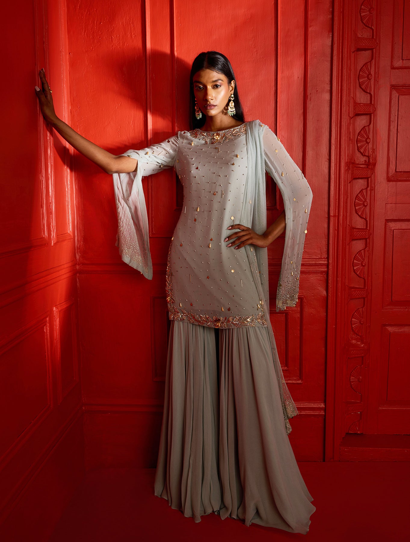 Indian Light Blue Hand-Embellished Georgette Sharara (3-Piece) - Image 3