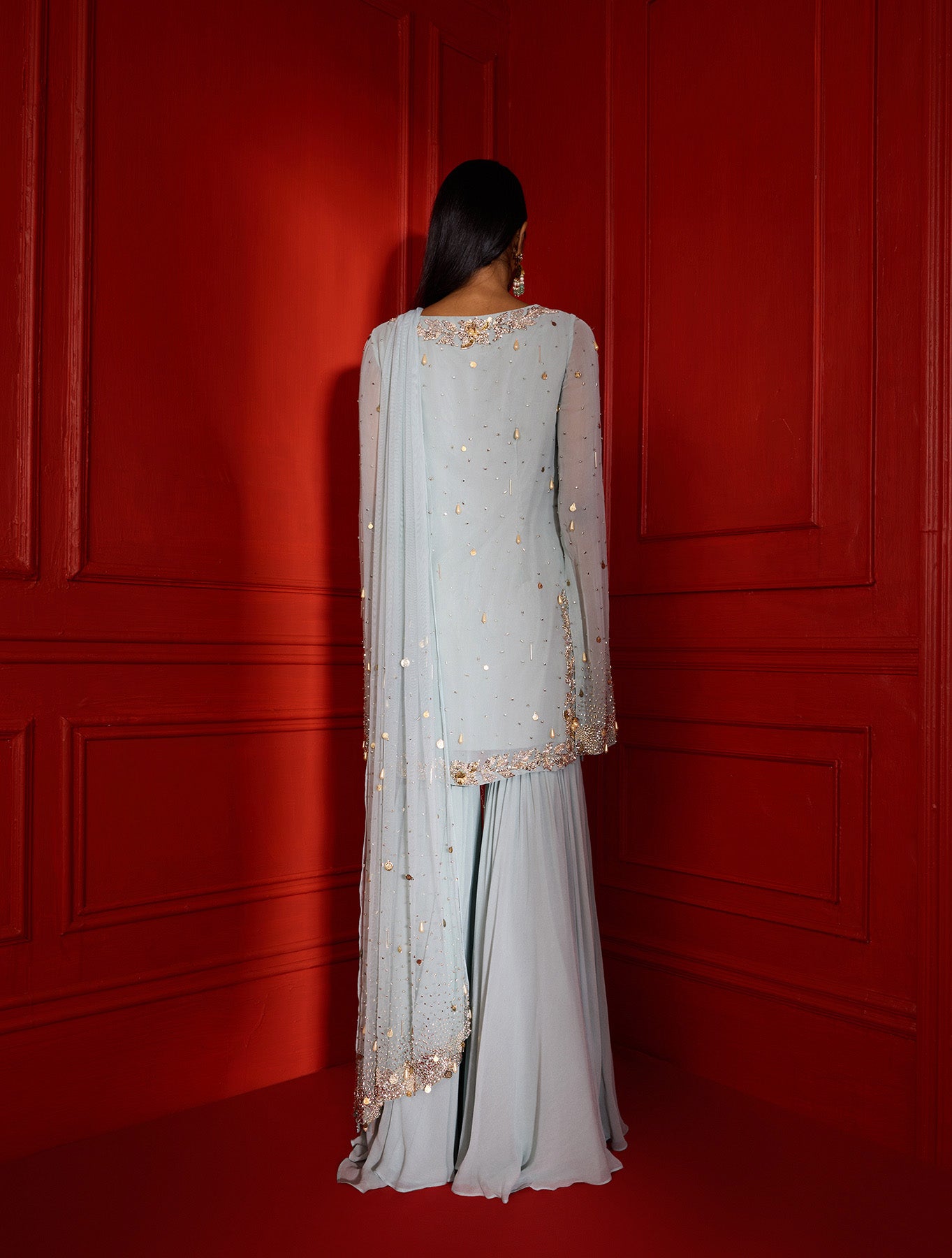 Indian Light Blue Hand-Embellished Georgette Sharara (3-Piece) - Image 4