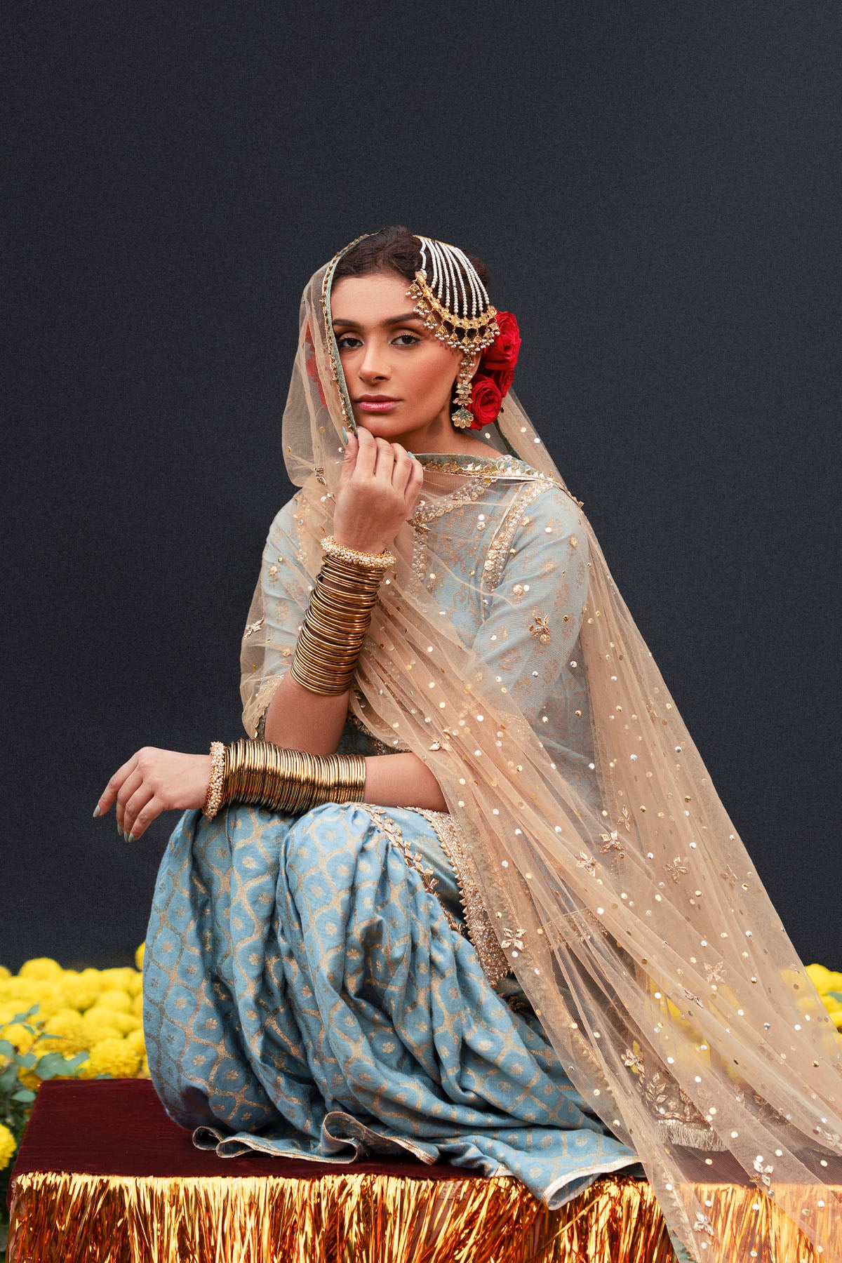 Pakistani Golden Mukesh Net Dupatta with Gota Edging (3-Piece) - Image 1