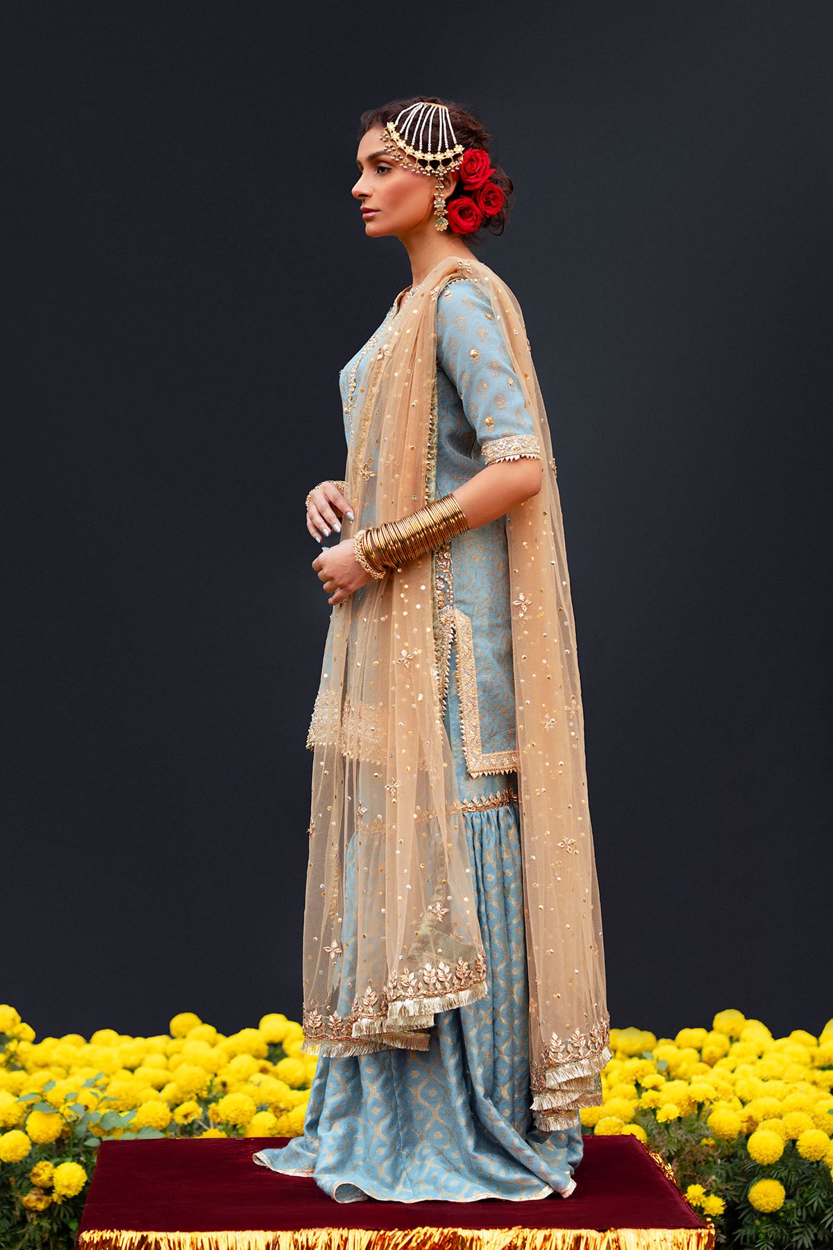 Pakistani Golden Mukesh Net Dupatta with Gota Edging (3-Piece) - Image 2