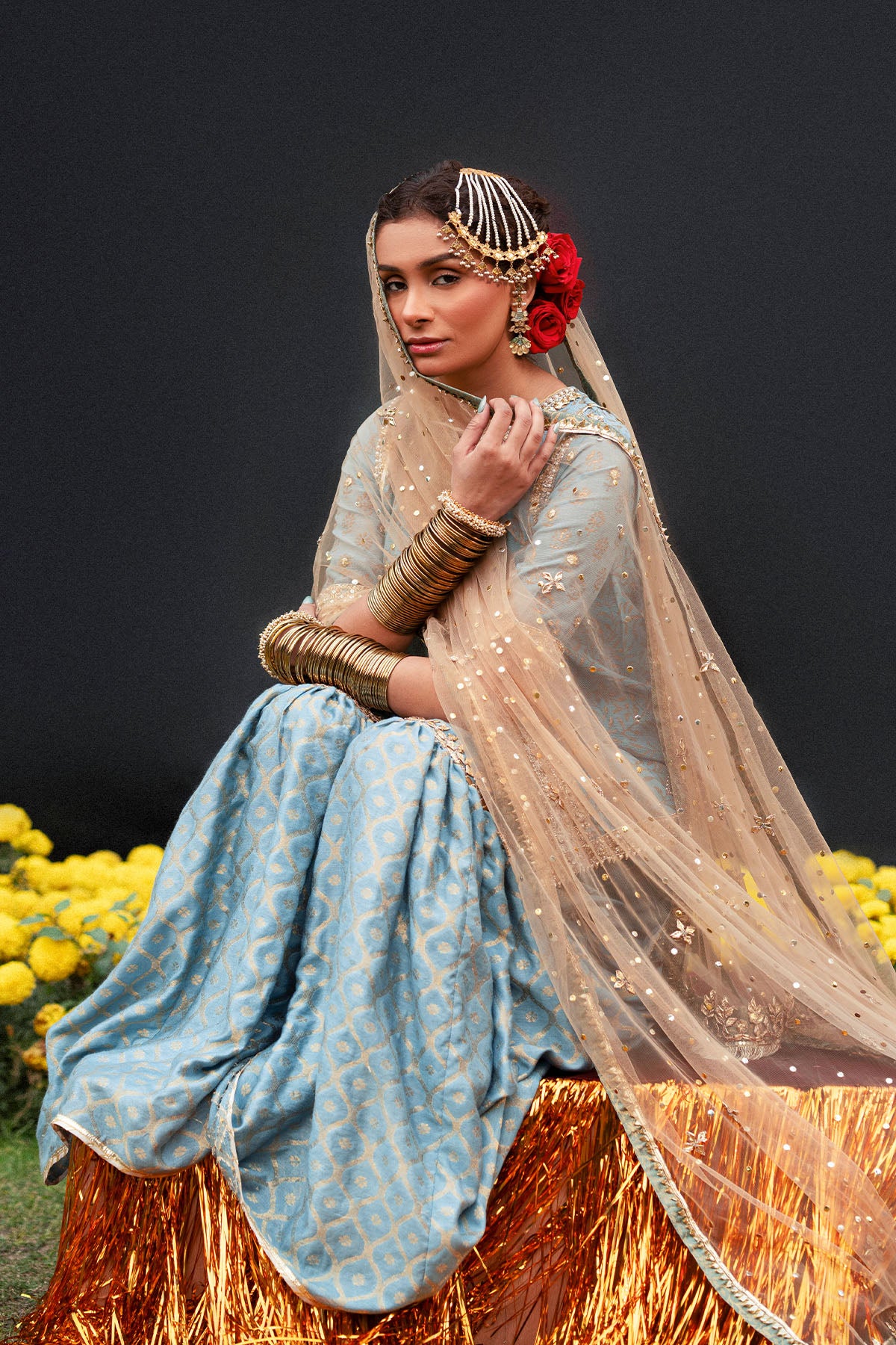 Pakistani Golden Mukesh Net Dupatta with Gota Edging (3-Piece) - Image 3