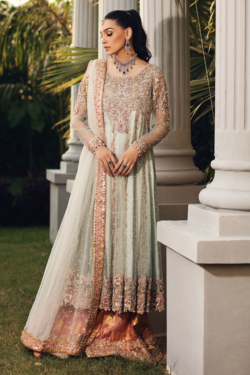 Pakistani Aqua Embellished Net Kalidaar Sharara (3-Piece) - Image 1