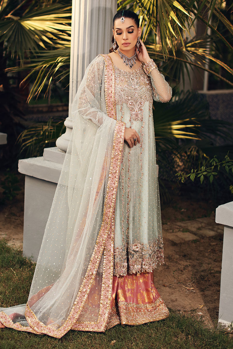 Pakistani Aqua Embellished Net Kalidaar Sharara (3-Piece) - Image 2