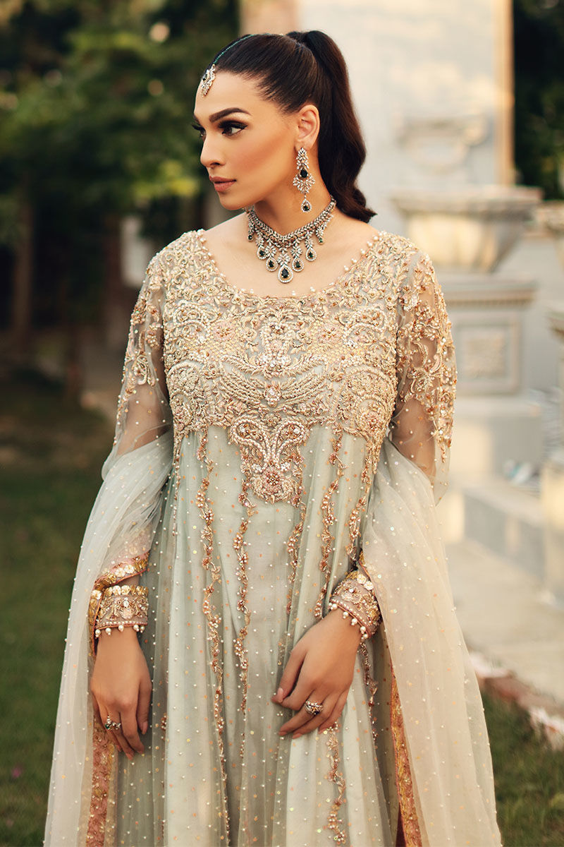 Pakistani Aqua Embellished Net Kalidaar Sharara (3-Piece) - Image 3