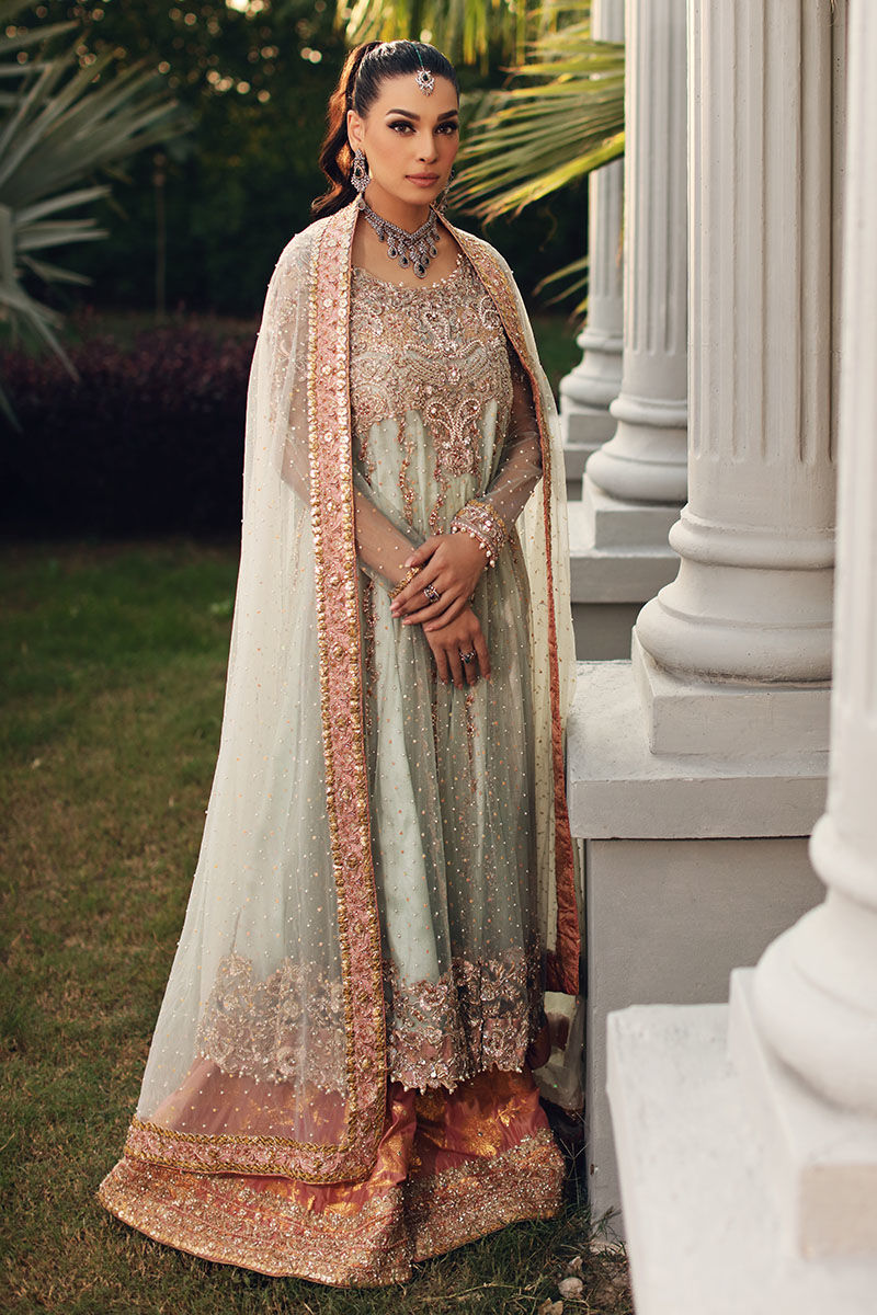 Pakistani Aqua Embellished Net Kalidaar Sharara (3-Piece) - Image 5