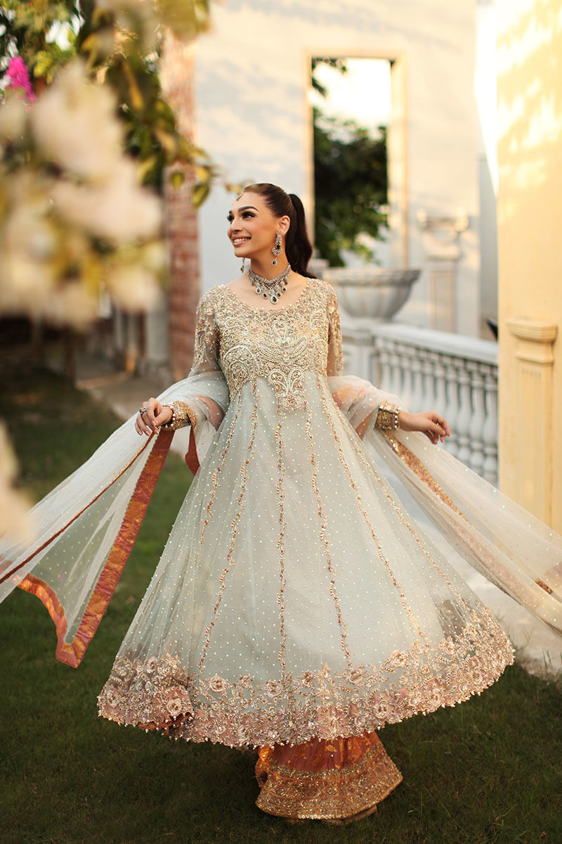 Pakistani Aqua Embellished Net Kalidaar Sharara (3-Piece) - Image 6