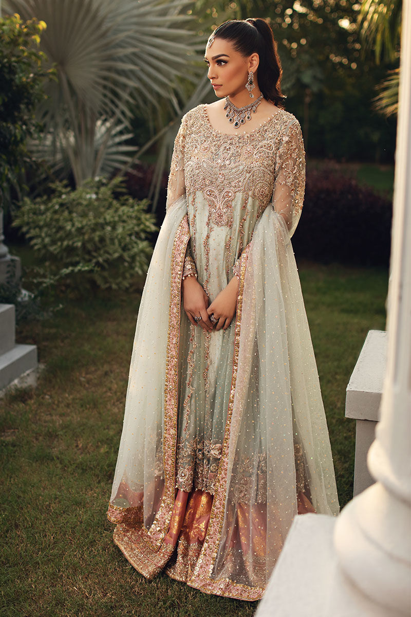 Pakistani Aqua Embellished Net Kalidaar Sharara (3-Piece) - Image 7