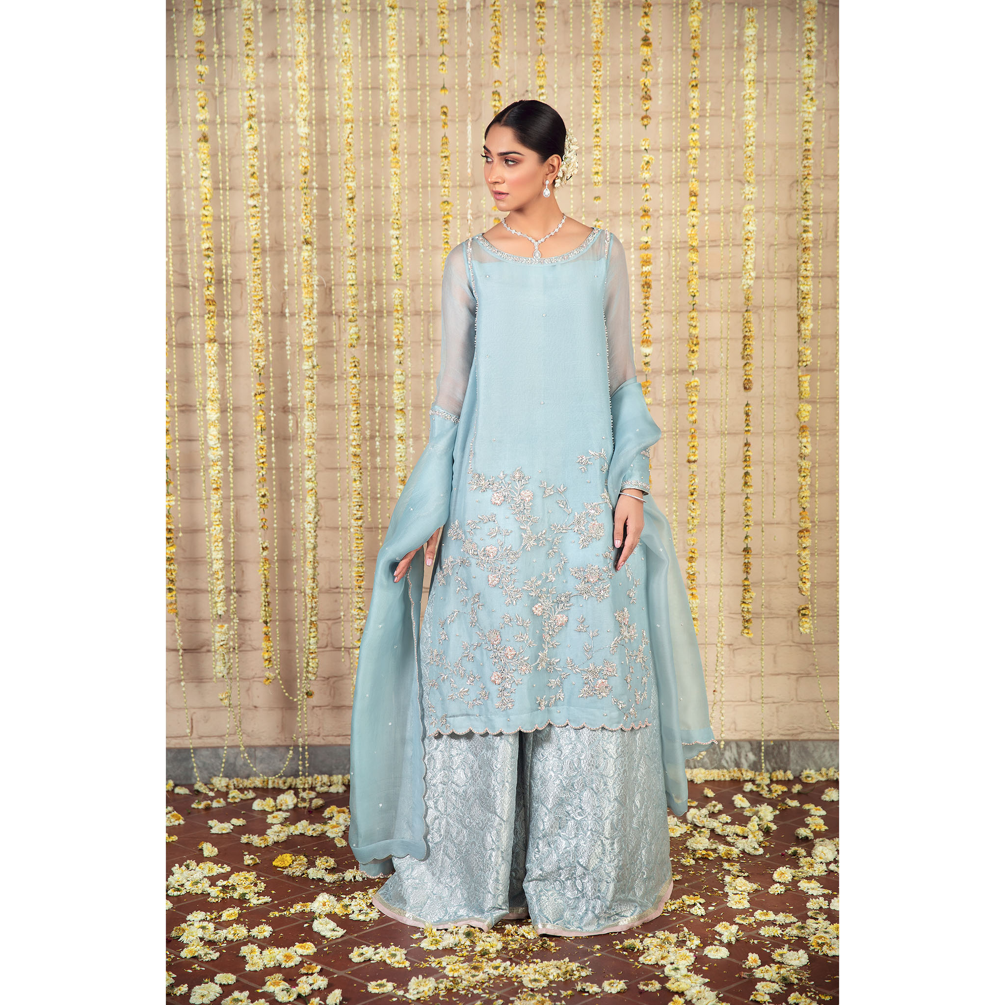 Pakistani Powder Blue Hand-Embellished Jamawar Sharara (3-Piece) - Image 1