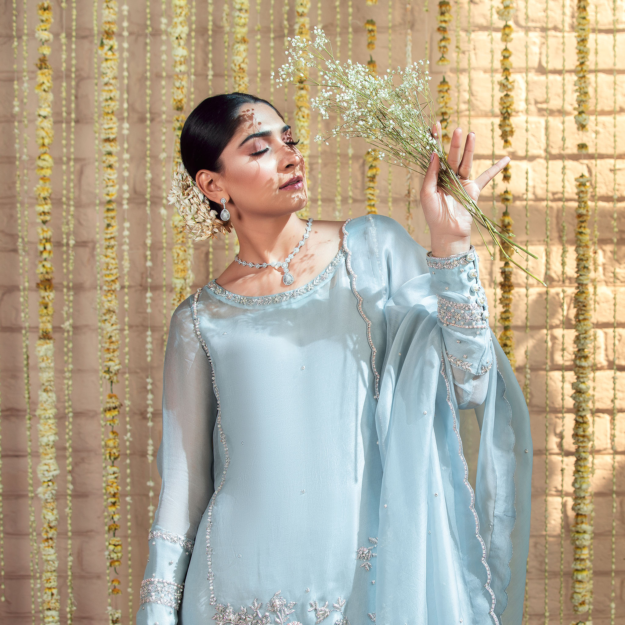 Pakistani Powder Blue Hand-Embellished Jamawar Sharara (3-Piece) - Image 2