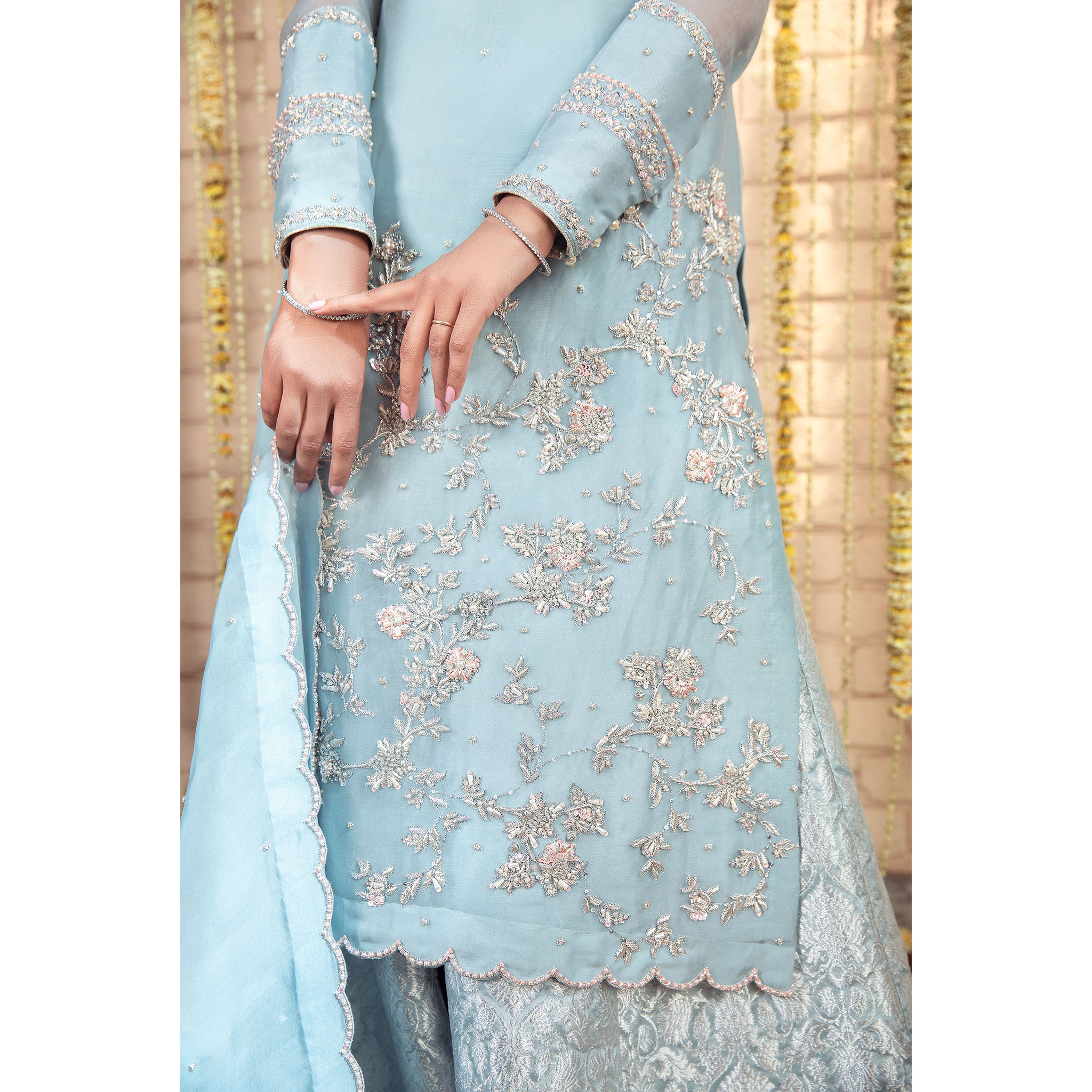 Pakistani Powder Blue Hand-Embellished Jamawar Sharara (3-Piece) - Image 3