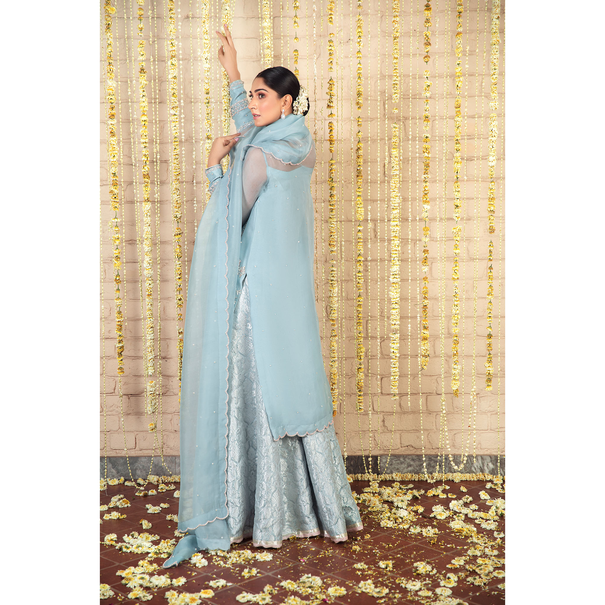 Pakistani Powder Blue Hand-Embellished Jamawar Sharara (3-Piece) - Image 4