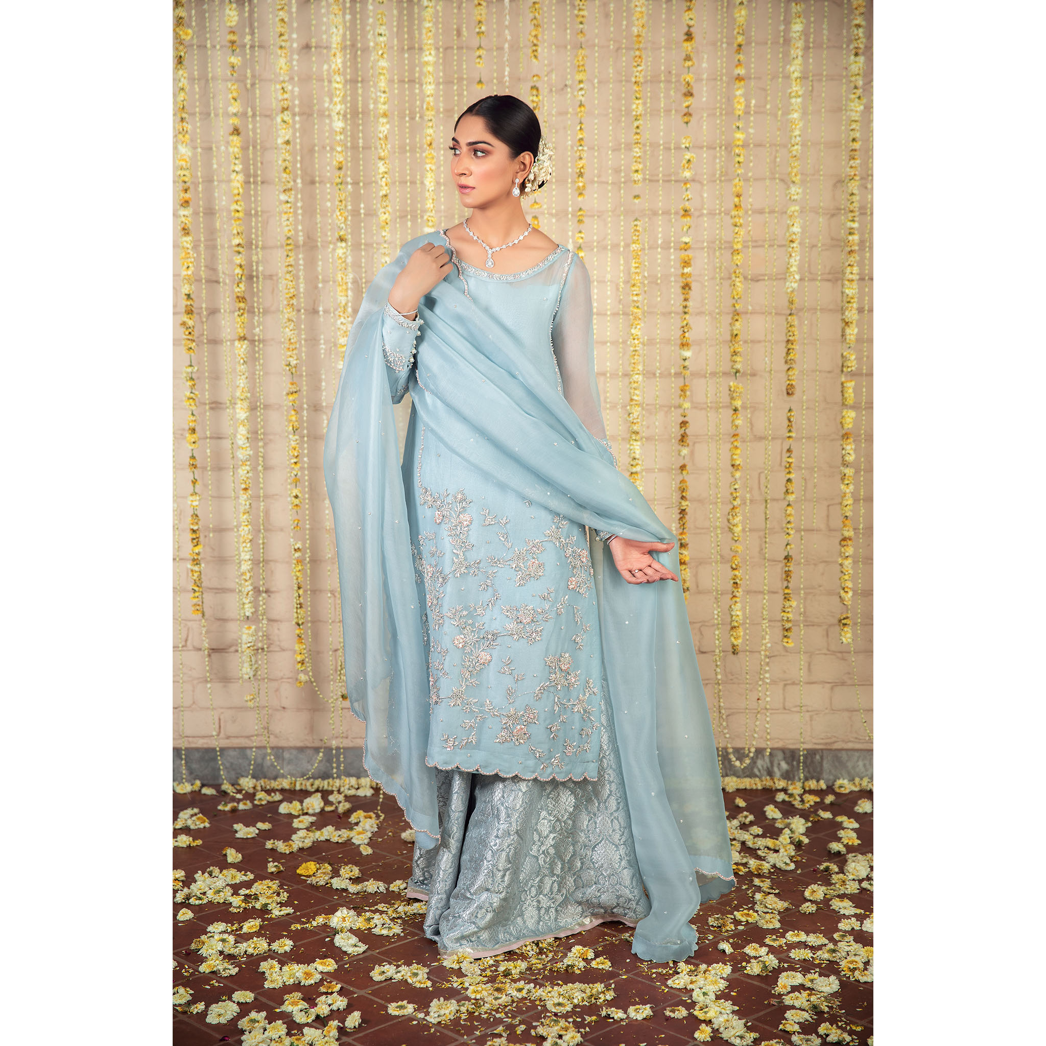 Pakistani Powder Blue Hand-Embellished Jamawar Sharara (3-Piece) - Image 5