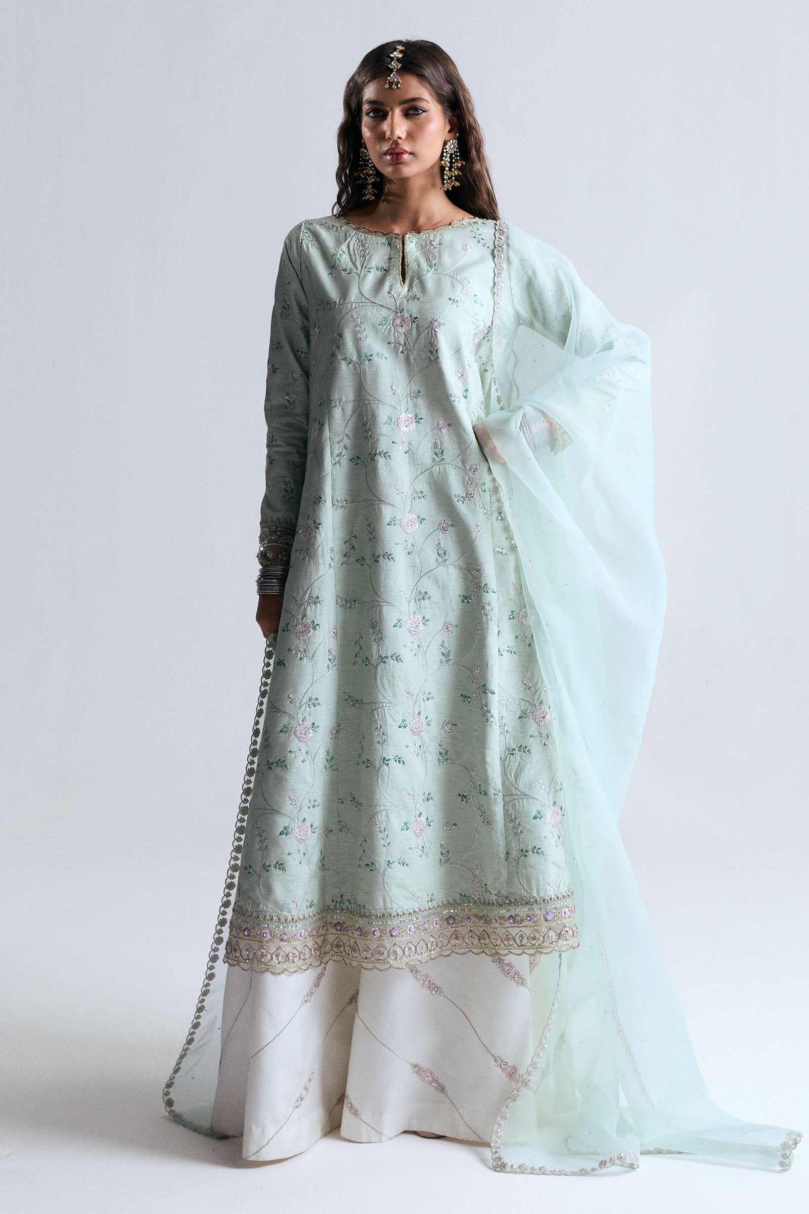 Pakistani Aqua Embroidered Korean Raw Silk Sharara (3-Piece) - Image 1