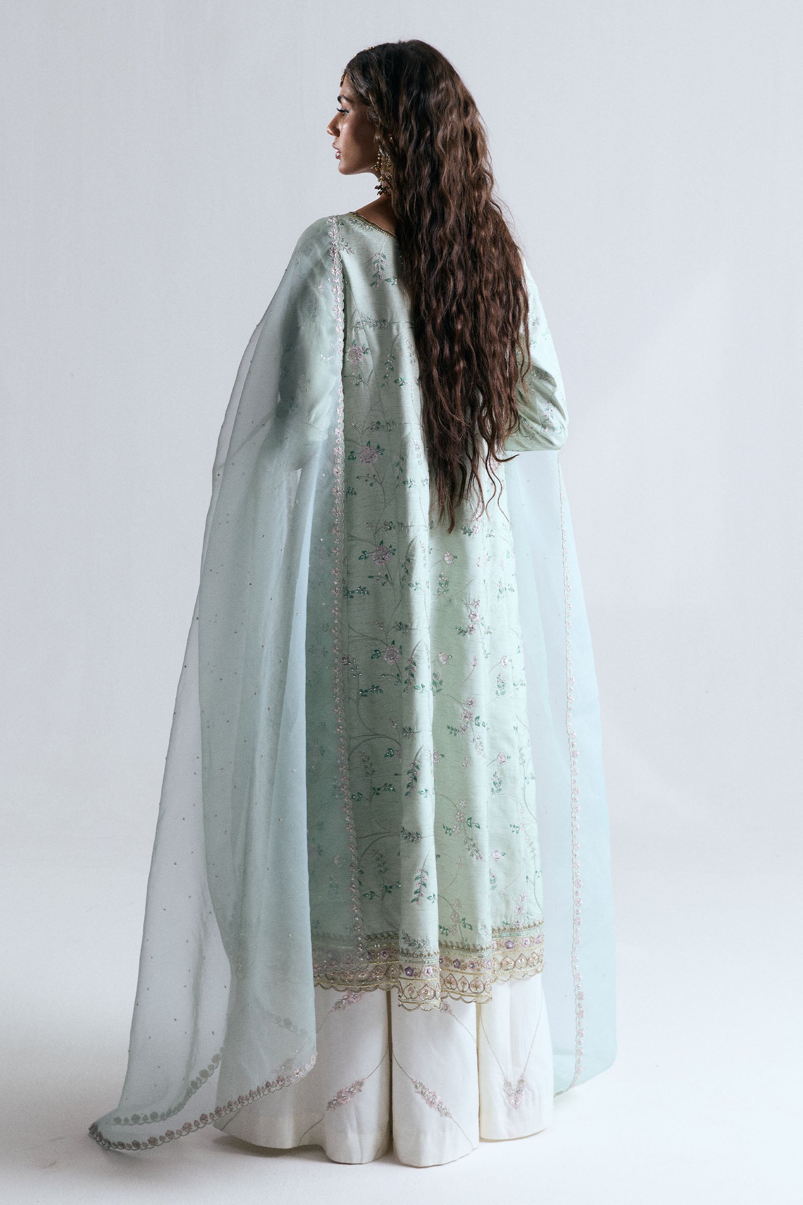 Pakistani Aqua Embroidered Korean Raw Silk Sharara (3-Piece) - Image 2