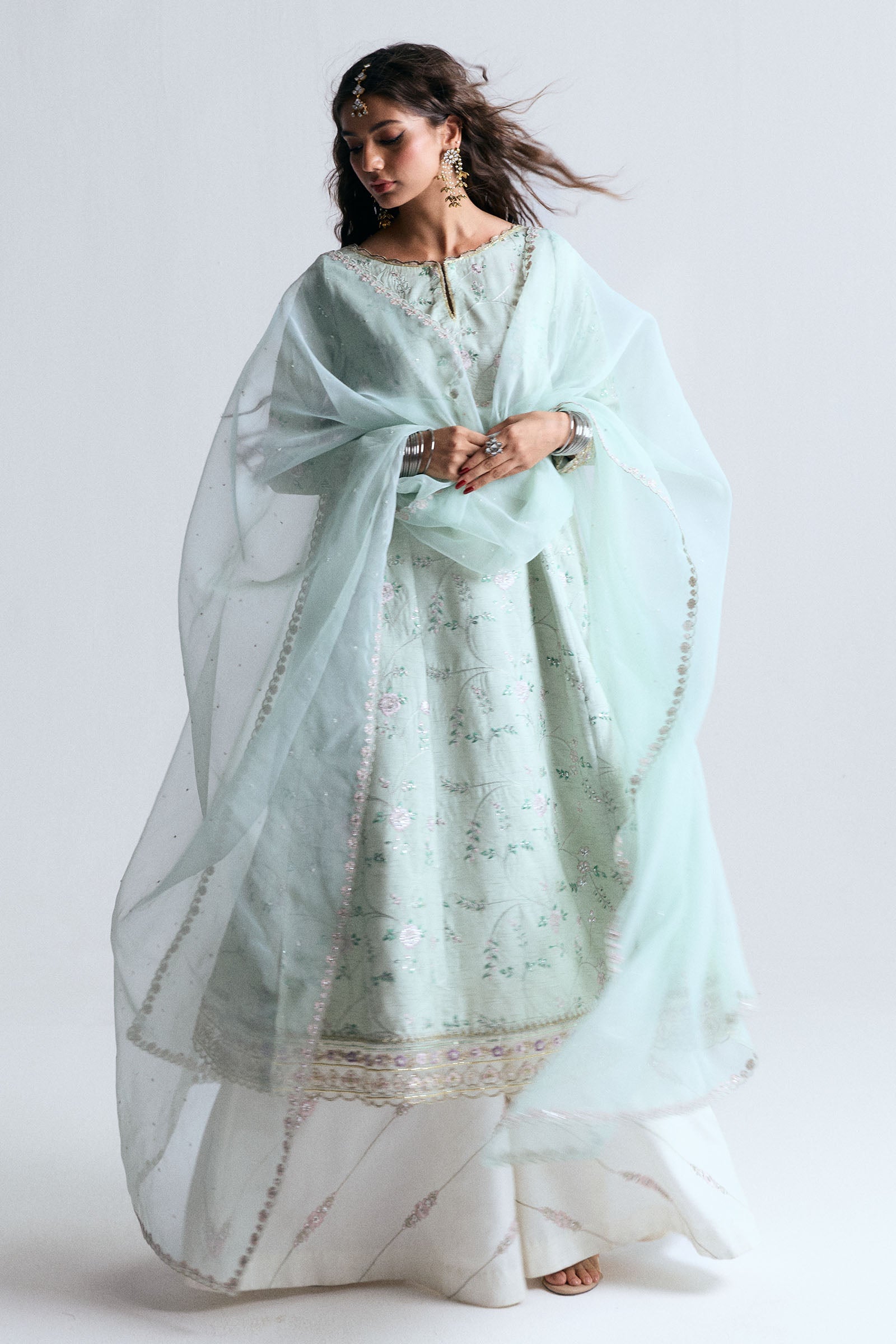Pakistani Aqua Embroidered Korean Raw Silk Sharara (3-Piece) - Image 3