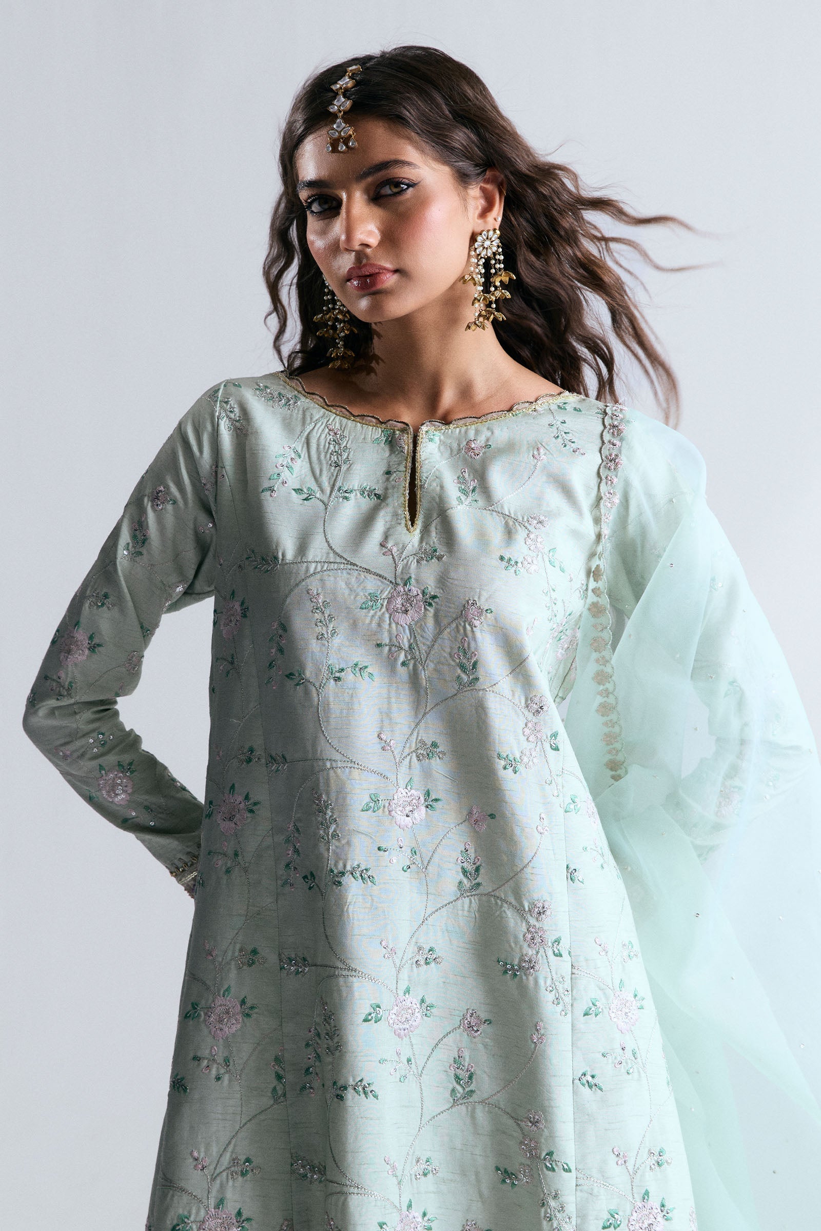 Pakistani Aqua Embroidered Korean Raw Silk Sharara (3-Piece) - Image 4