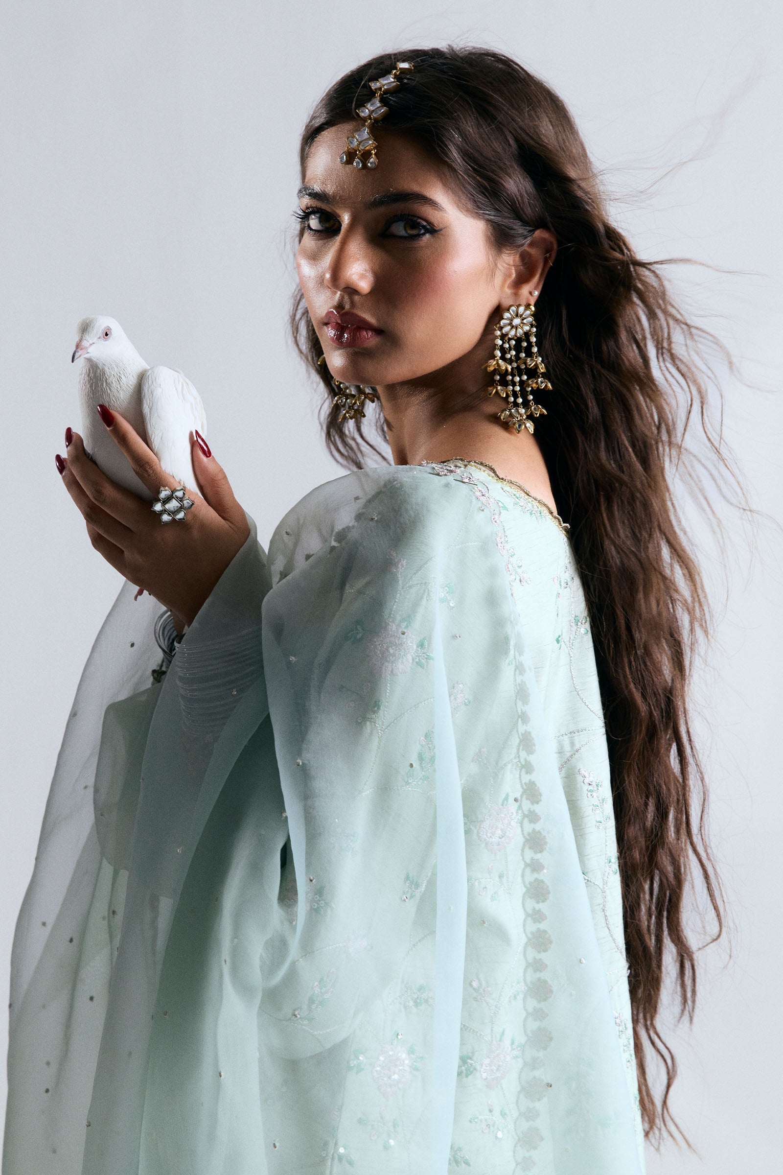 Pakistani Aqua Embroidered Korean Raw Silk Sharara (3-Piece) - Image 5