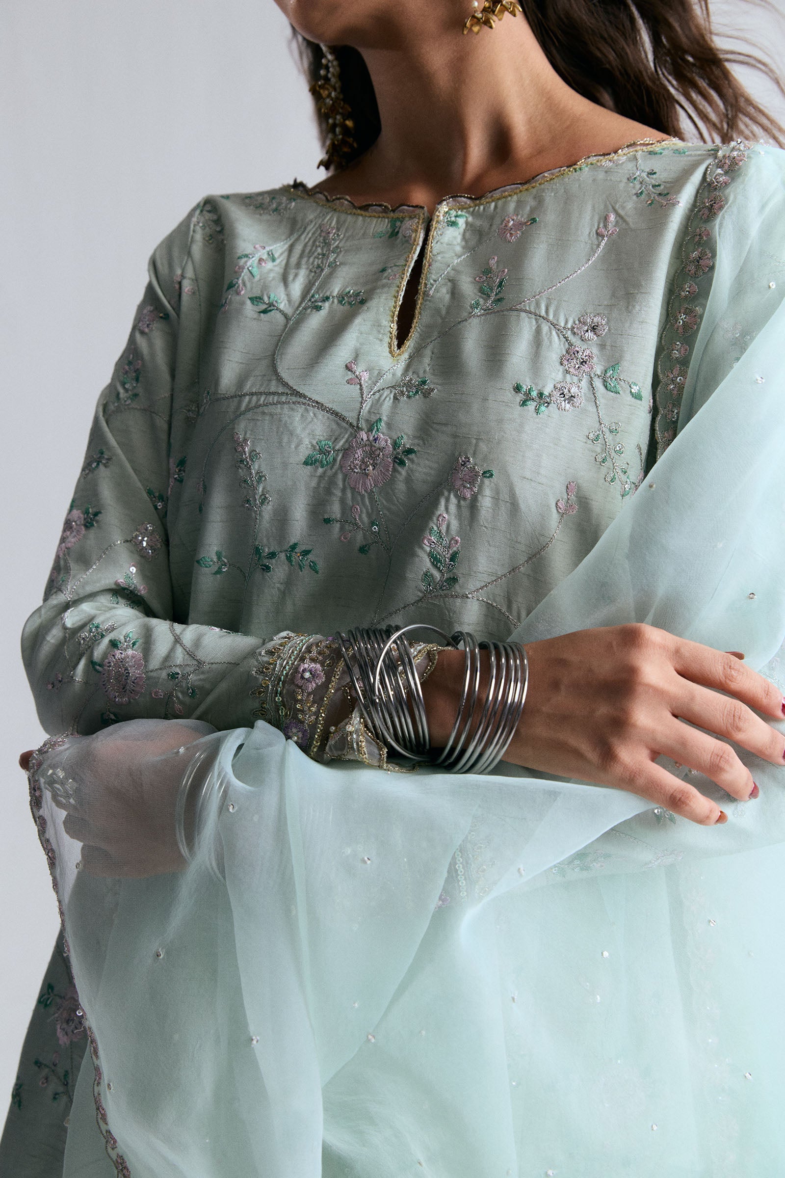 Pakistani Aqua Embroidered Korean Raw Silk Sharara (3-Piece) - Image 6