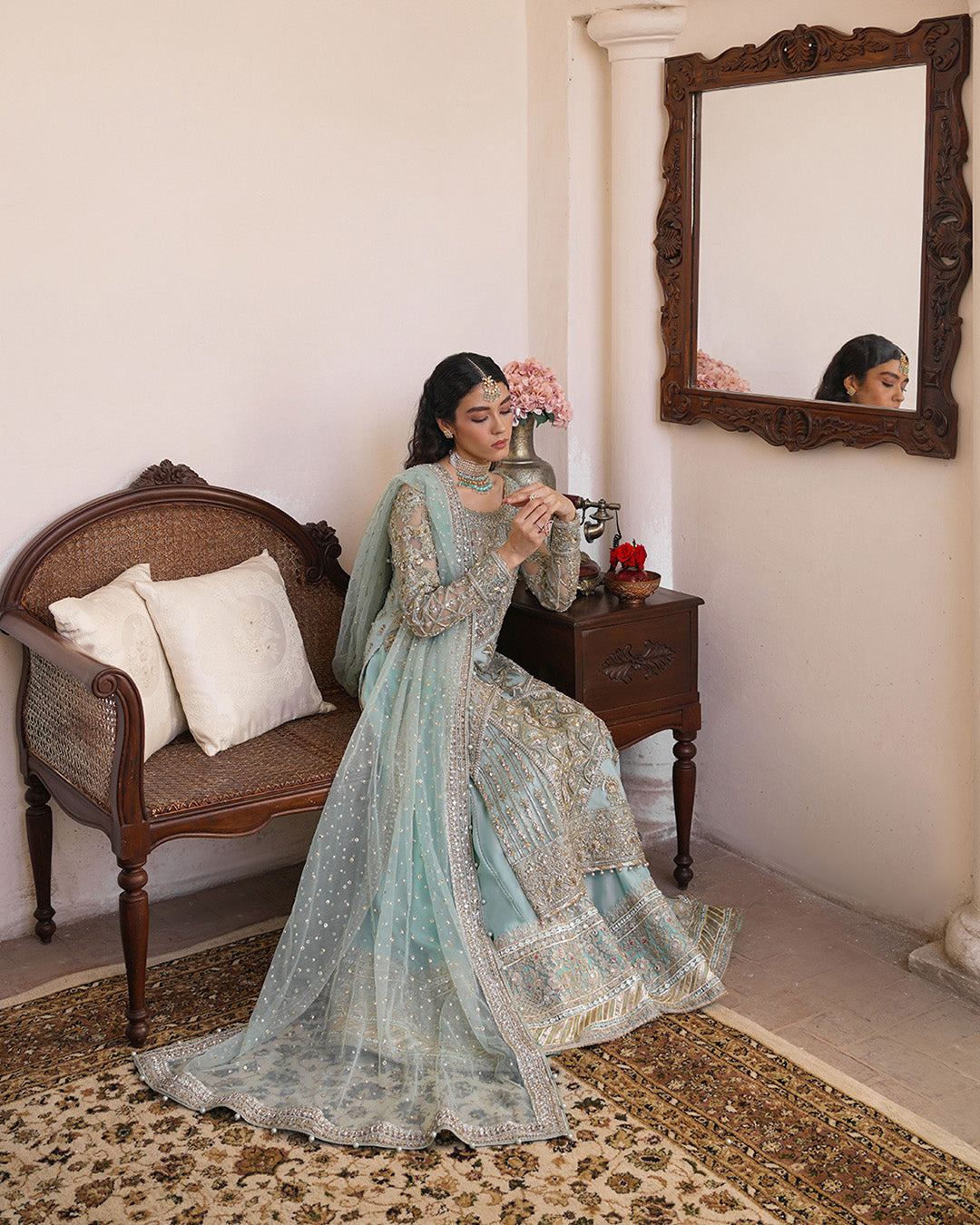 Ice Blue Embroidered Net & Silk Sharara (3-Piece) - Image 2