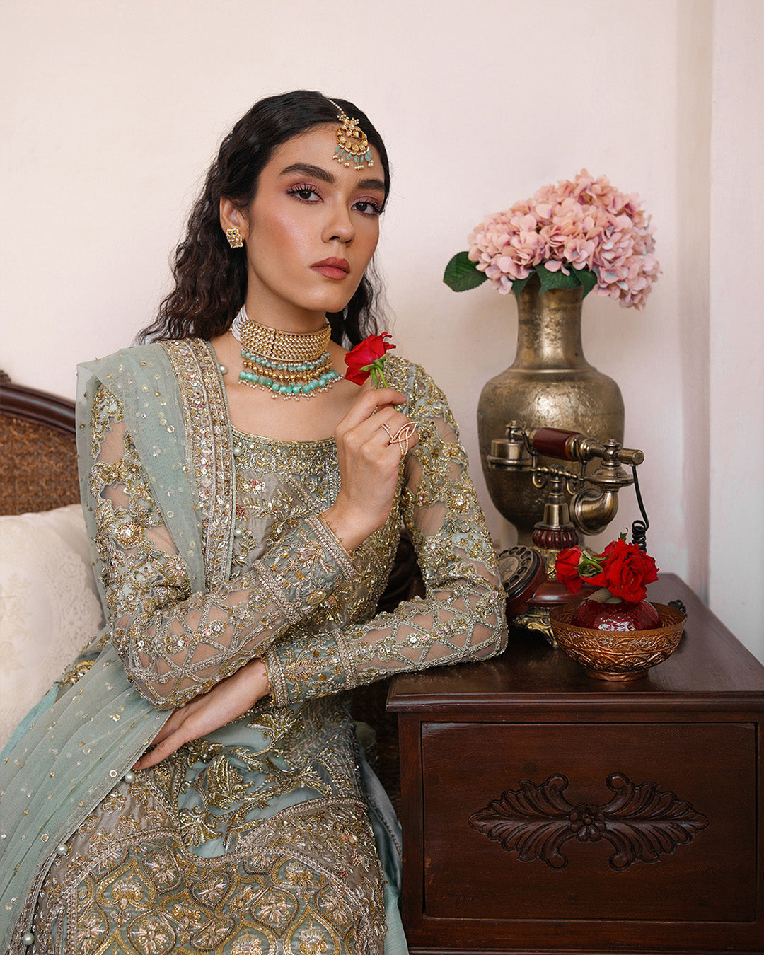 Ice Blue Embroidered Net & Silk Sharara (3-Piece) - Image 3