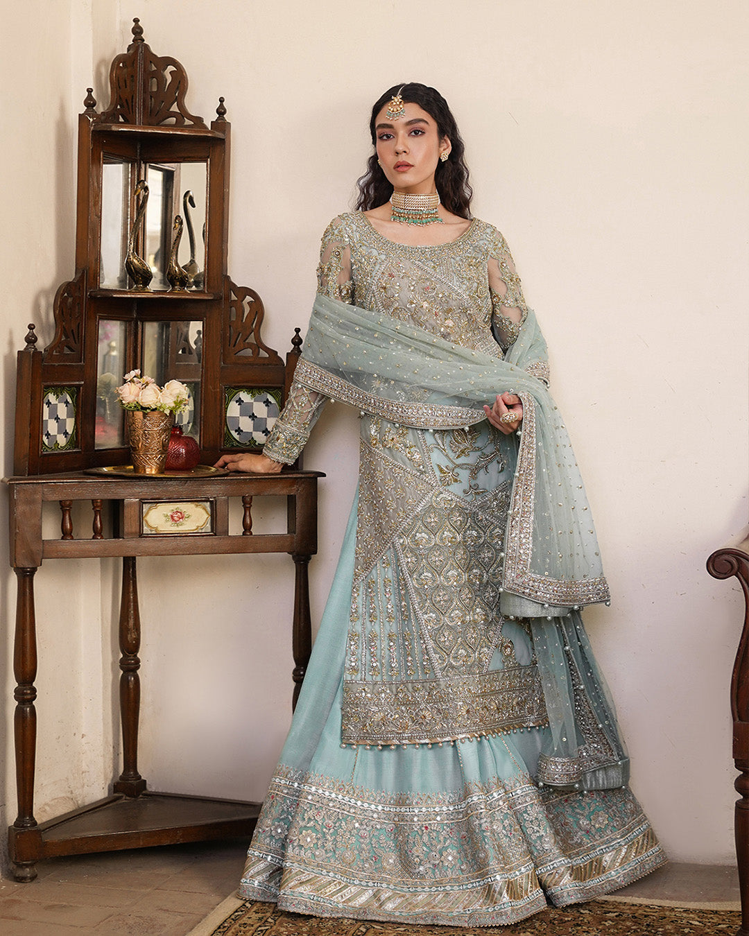 Ice Blue Embellished Net & Silk Sharara (3-Piece) - Image 1