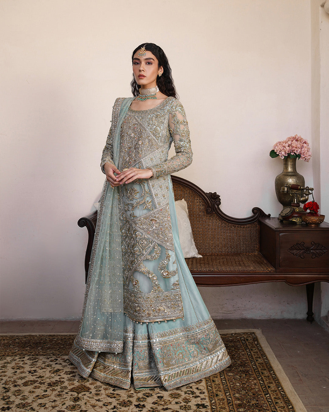 Ice Blue Embellished Net & Silk Sharara (3-Piece) - Image 5