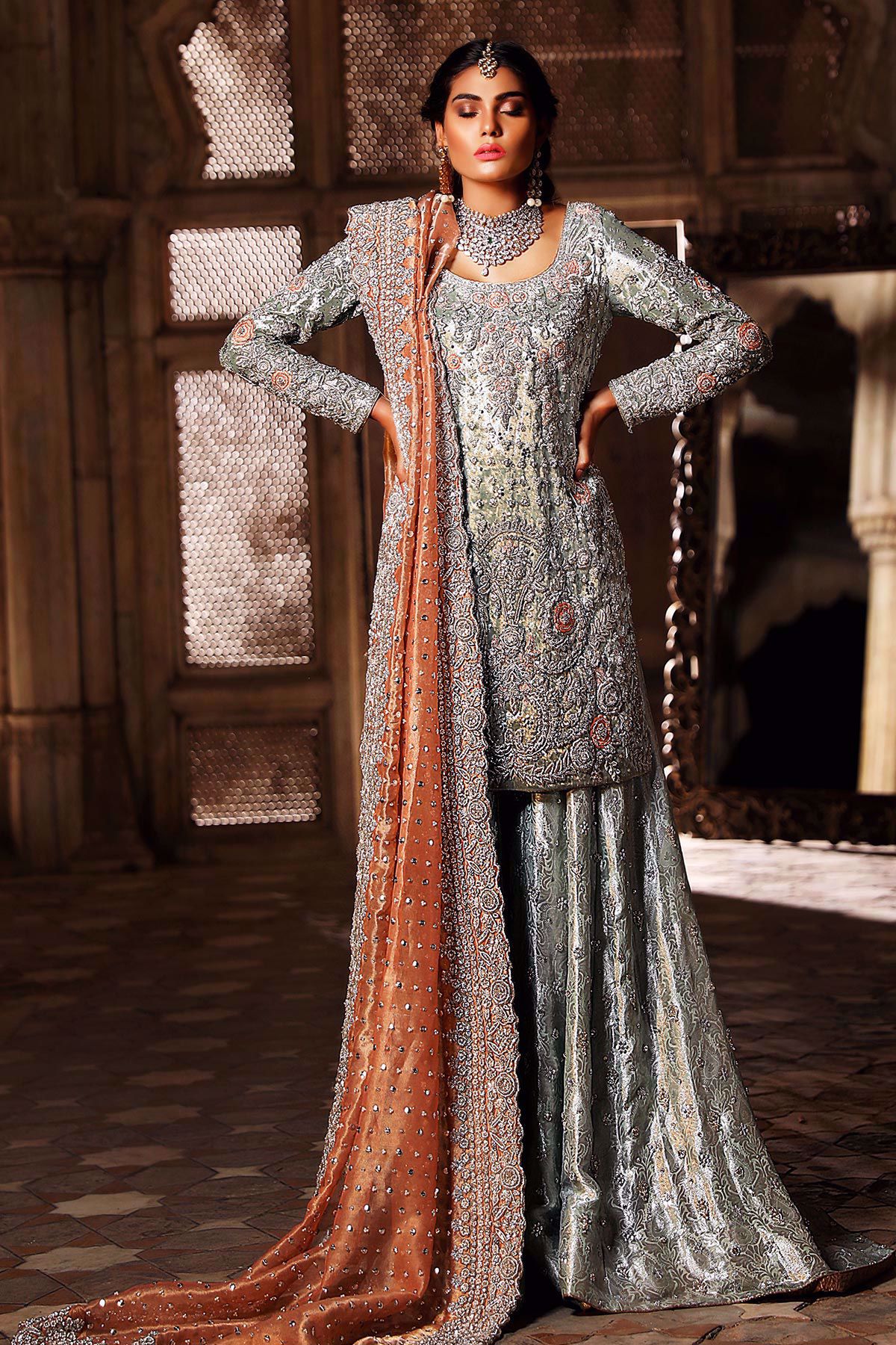 Ice Blue Embroidered Lamé Bridal Sharara (3-Piece) - Image 1