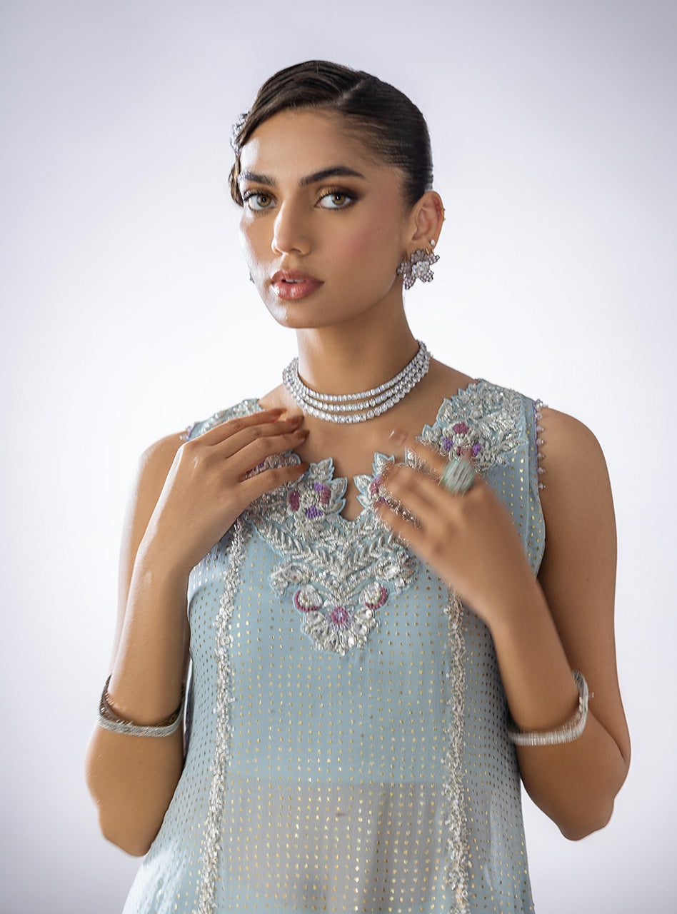 Ice-Blue Mukesh Peplum Sharara (3-Piece) - Image 4
