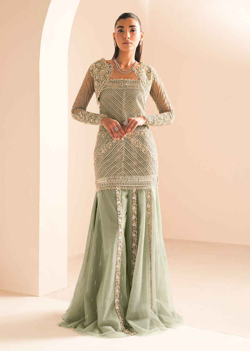 Indian Duck Egg Blue Embellished Net Sharara Dress (3-Piece) - Image 1
