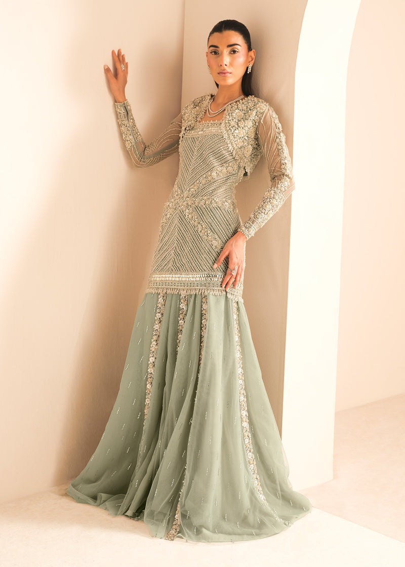 Indian Duck Egg Blue Embellished Net Sharara Dress (3-Piece) - Image 3