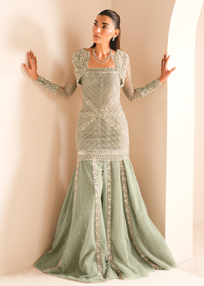 Indian Duck Egg Blue Embellished Net Sharara Dress (3-Piece) - Image 6