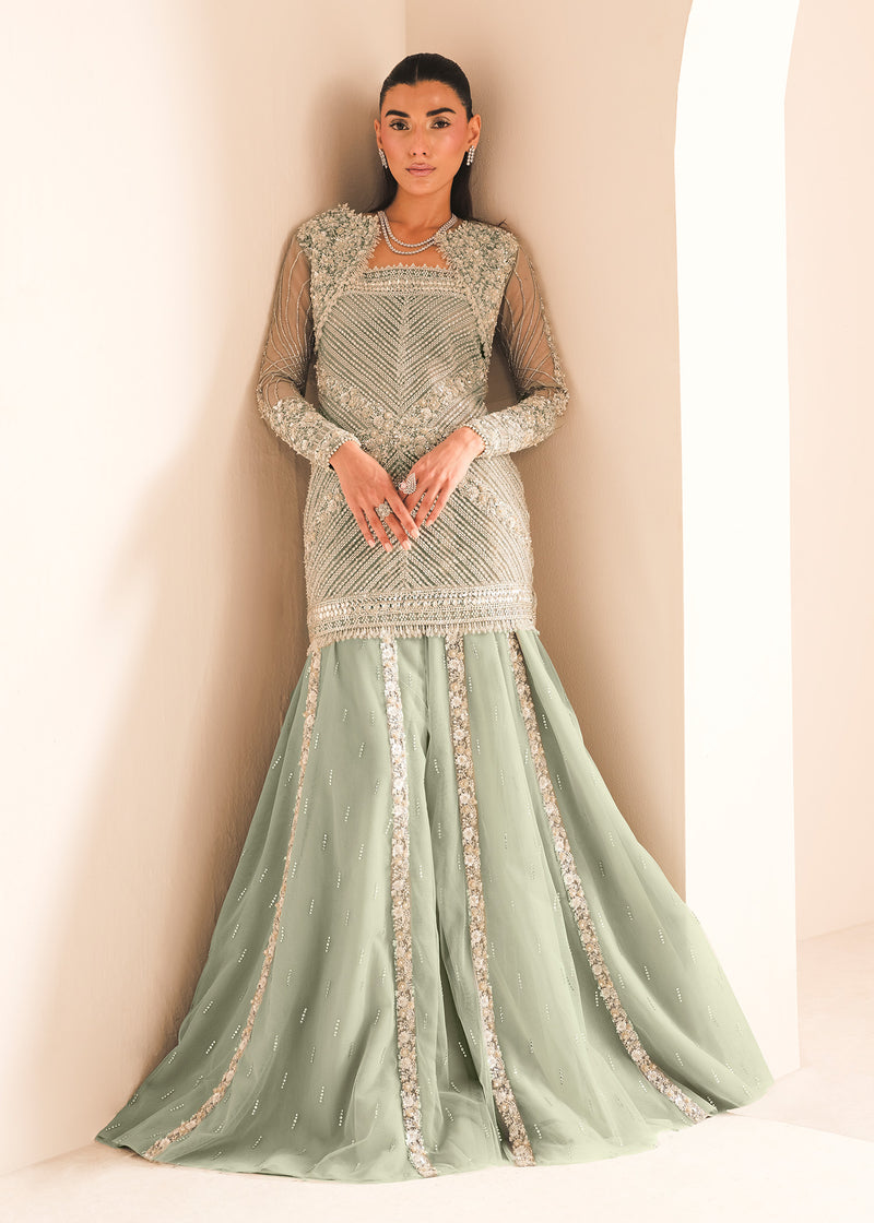 Pakistani Duck Egg Blue Embellished Net Sharara (4-Piece) - Image 5