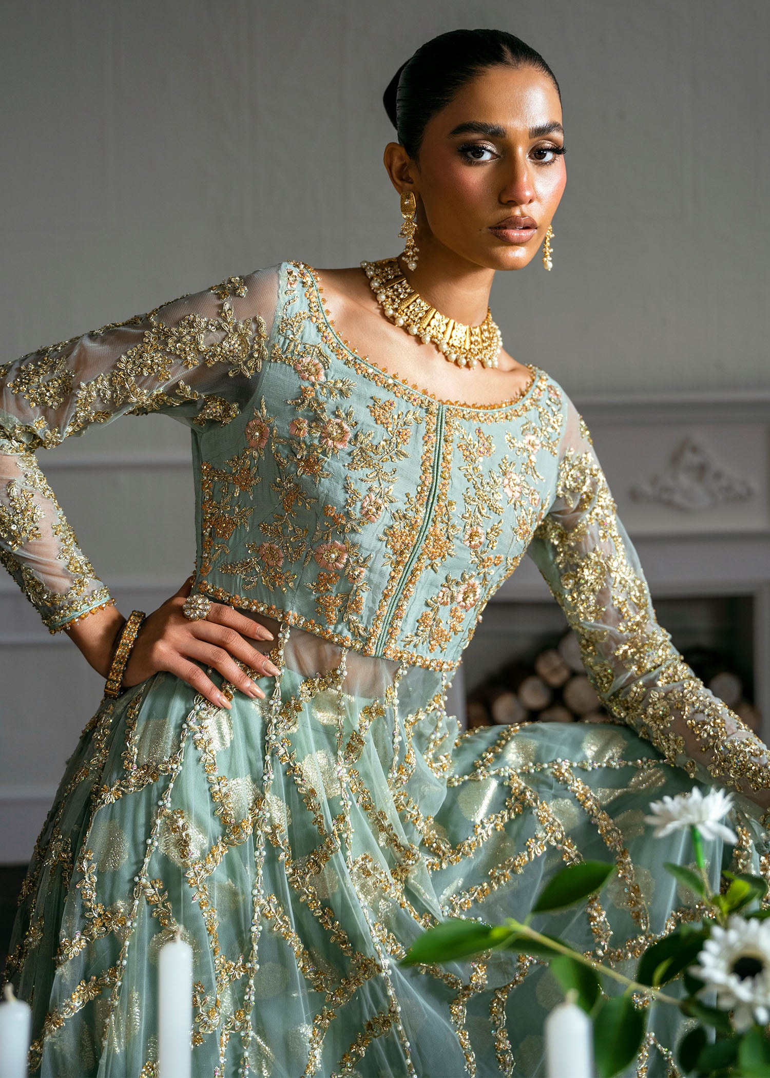 Pale Blue Embroidered Net Gown Sharara (3-Piece) - Image 10