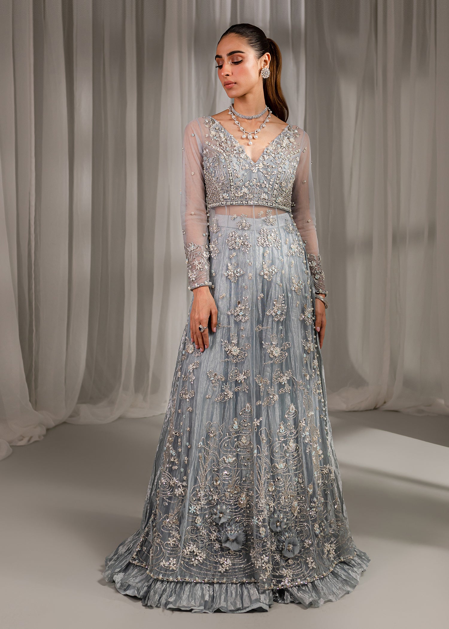 Ice Blue Embellished Net & Tissue Sharara (3-Piece) - Image 2