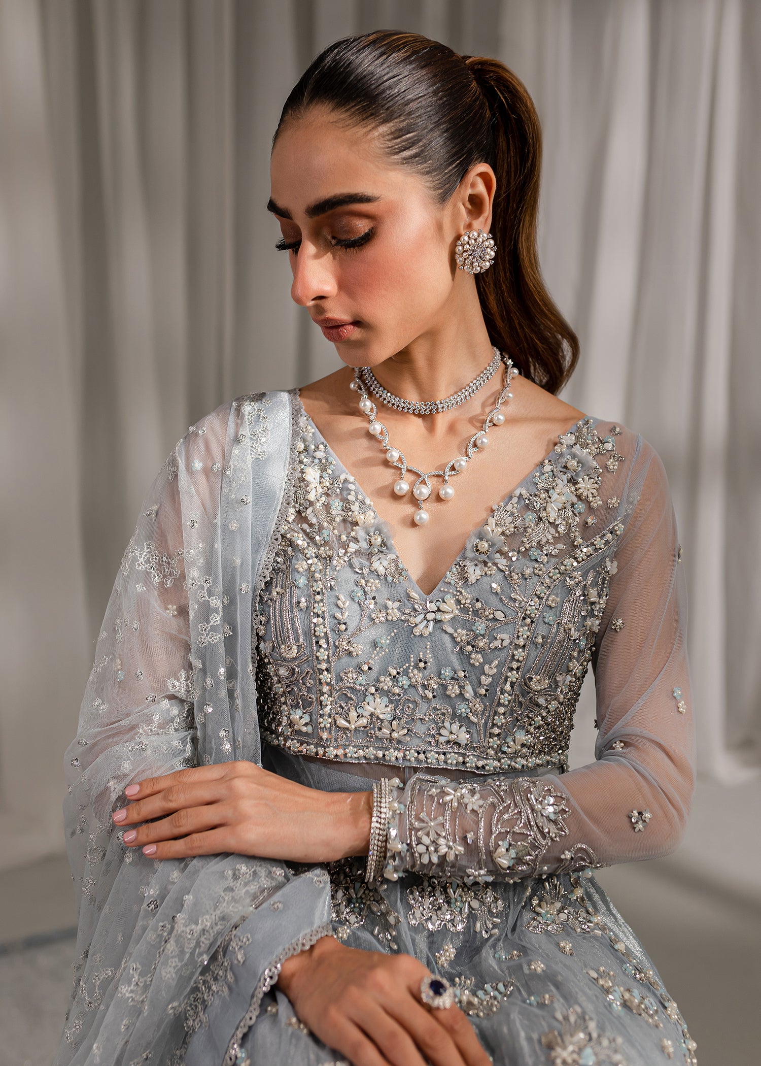 Ice Blue Embellished Net & Tissue Sharara (3-Piece) - Image 3
