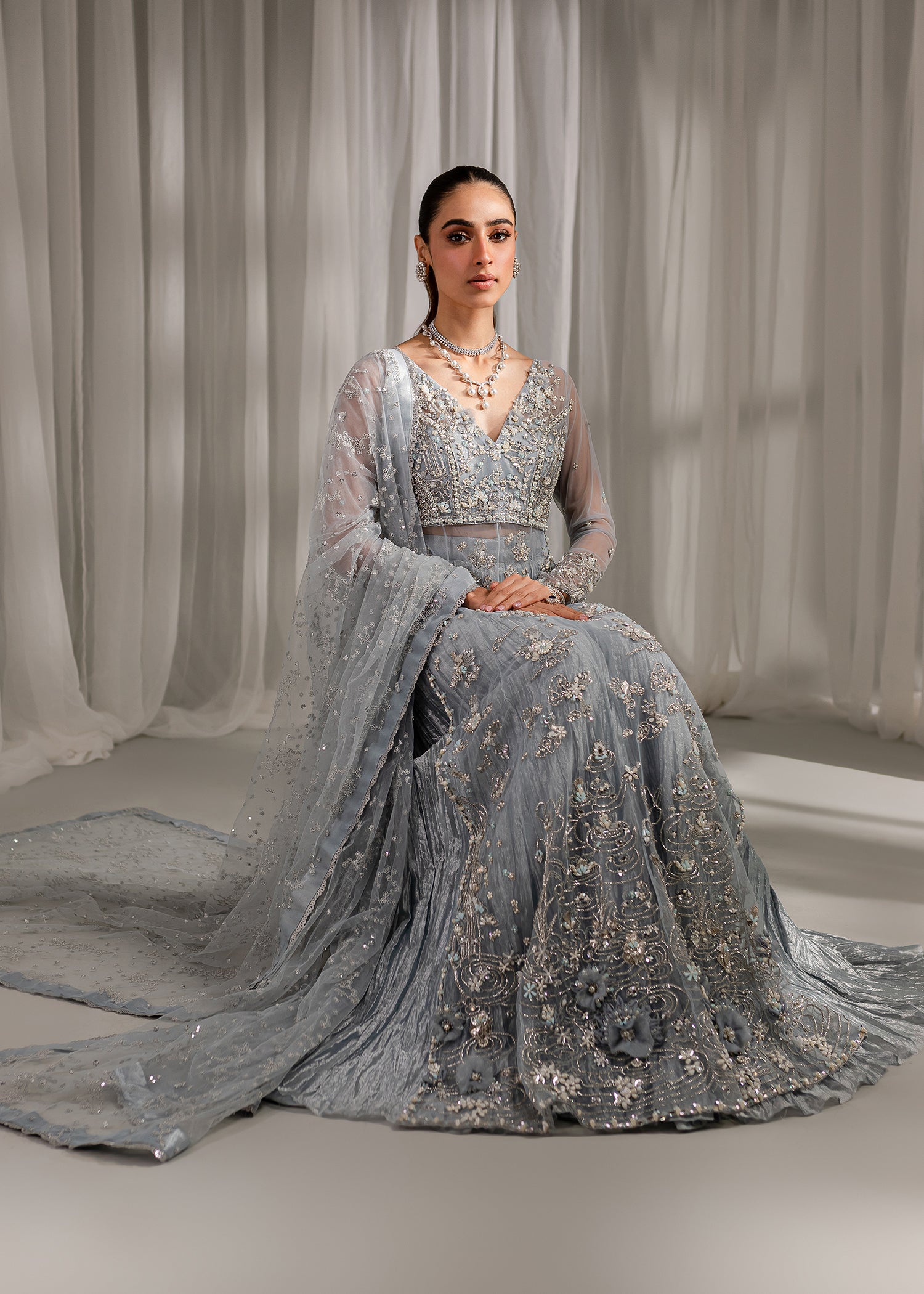 Ice Blue Embellished Net & Tissue Sharara (3-Piece) - Image 5