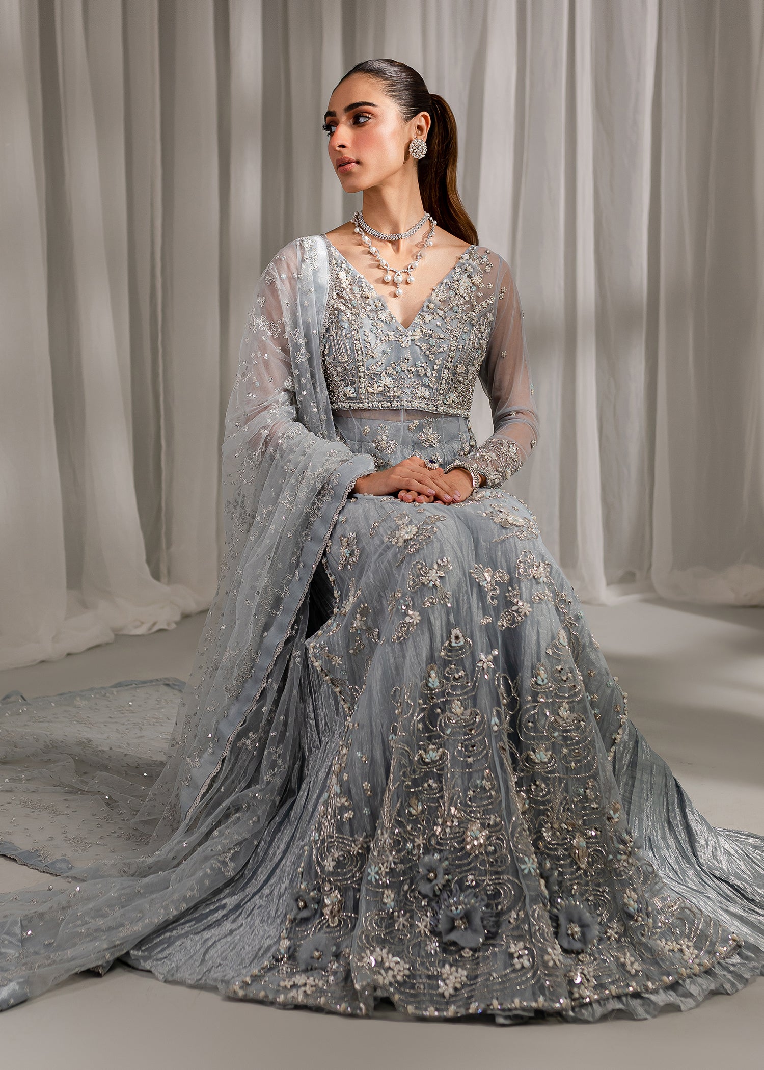 Ice Blue Embellished Net & Tissue Sharara (3-Piece) - Image 6