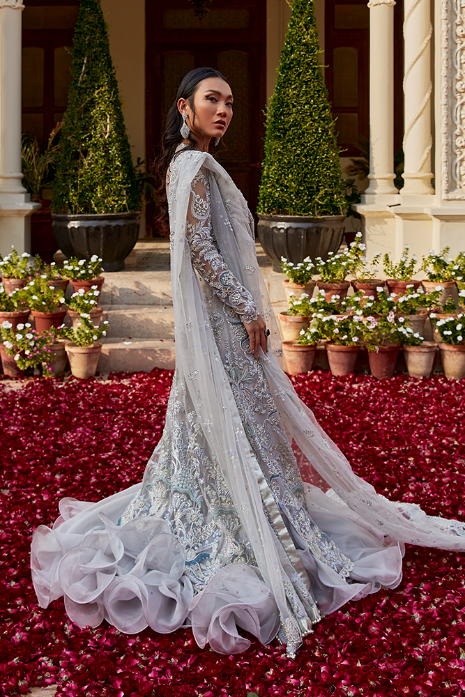 Pakistani Pastel Blue Embroidered Net Jacket Sharara (3-Piece) - Image 2