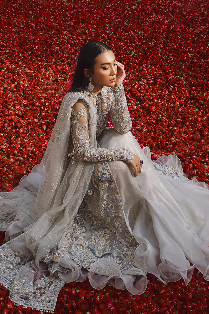 Pakistani Pastel Blue Embroidered Net Jacket Sharara (3-Piece) - Image 3