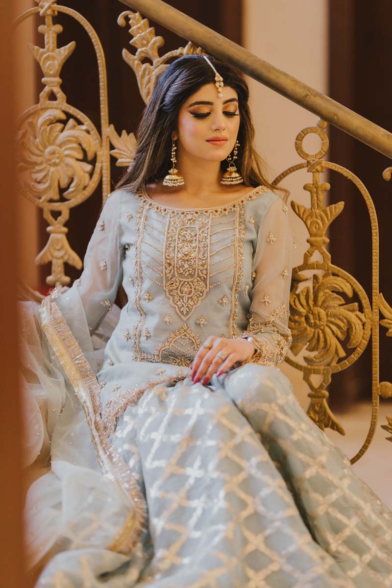 Ice Blue Embroidered Organza Sharara Dress (3-Piece) - Image 2