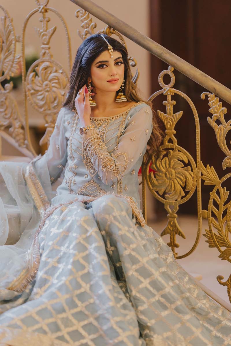 Ice Blue Embroidered Organza Sharara Dress (3-Piece) - Image 4