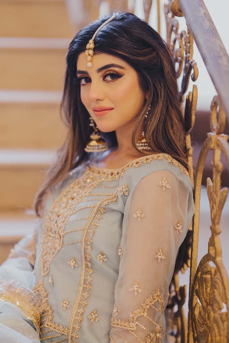 Ice Blue Embroidered Organza Sharara Dress (3-Piece) - Image 5