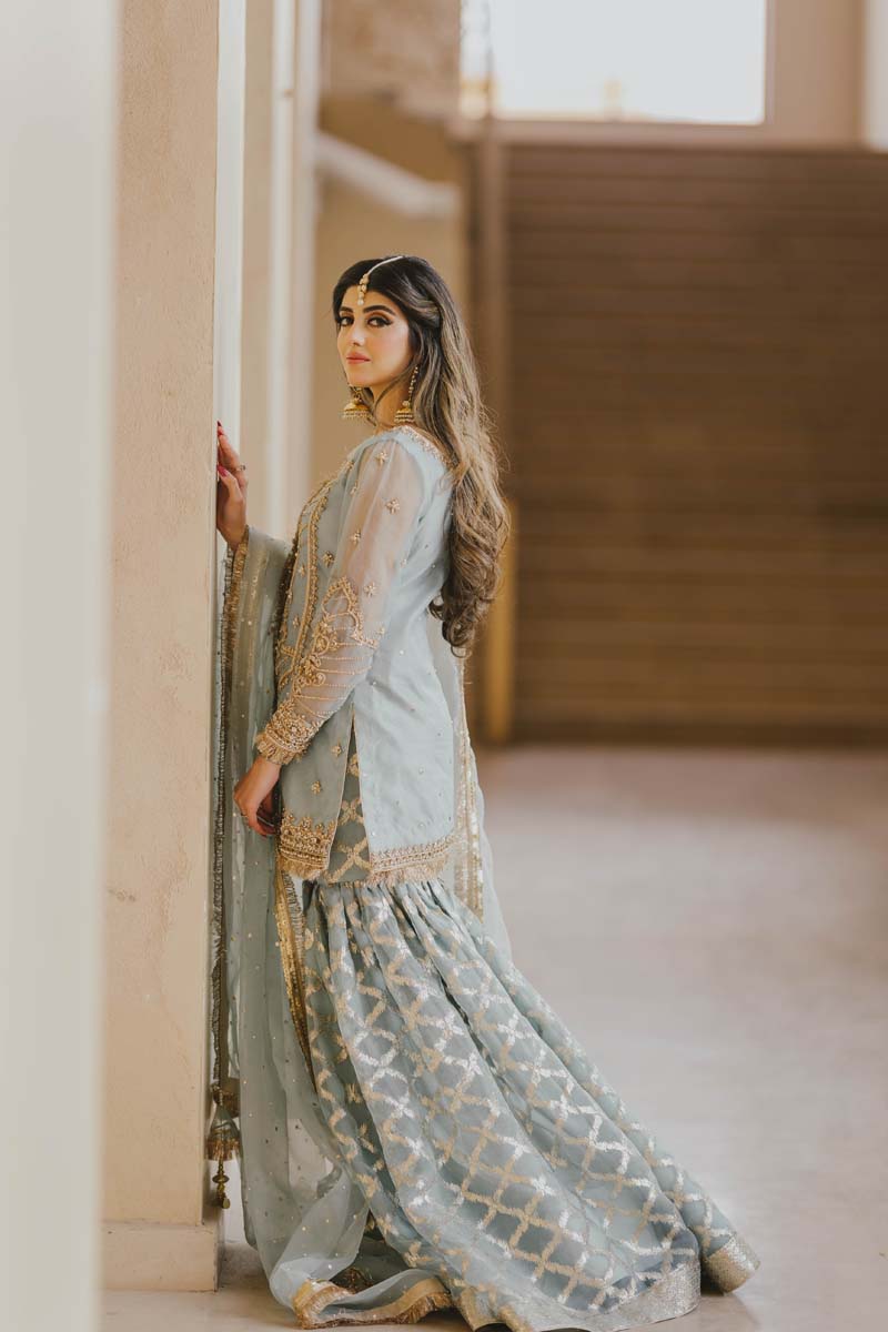 Ice Blue Embroidered Organza Sharara Dress (3-Piece) - Image 6